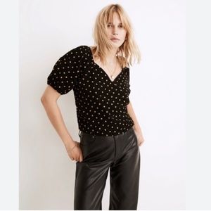 Madewell Corduroy Puff-Sleeve Wrap Top in Oval Dot in True Black Size Small